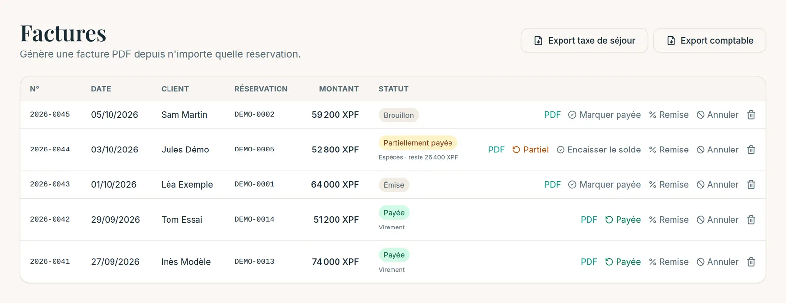 Liste des factures ManaPension avec montants, statuts de paiement et exports
